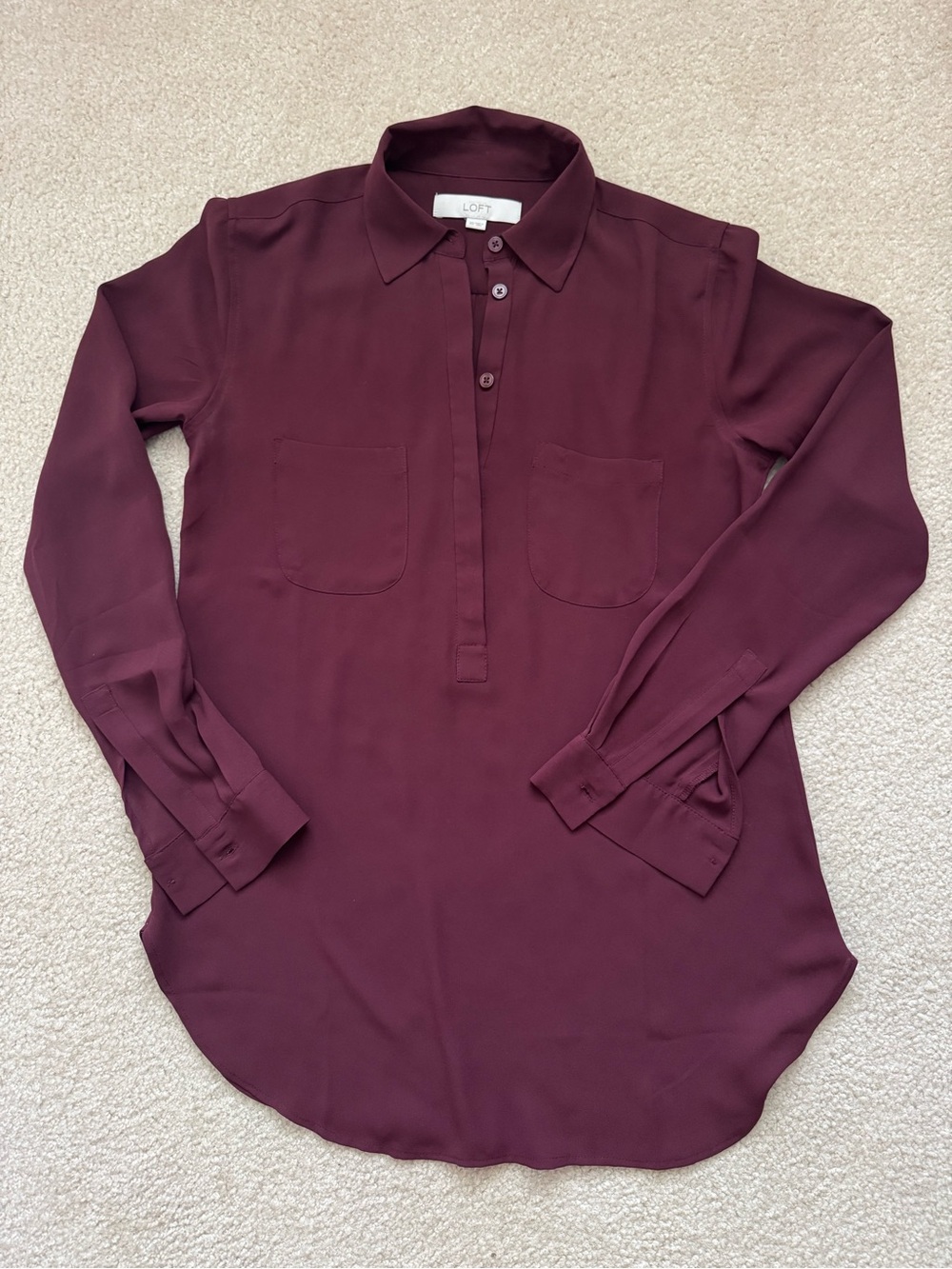 LOFT Burgundy Long Sleeve Popover Blouse - Picture 3 of 9